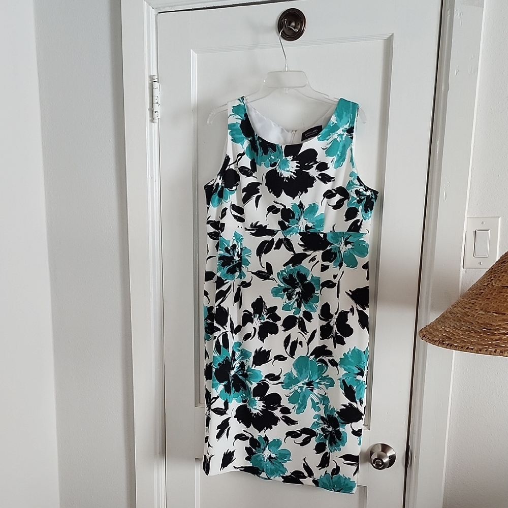 Evan Picone White Midi Dress with Teal and Black Floral Print